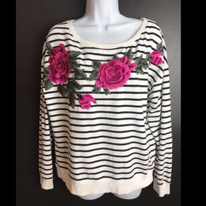 BOSTON PROPER Rose Floral Appliqué Patch Sweatshirt Black White Striped Pink